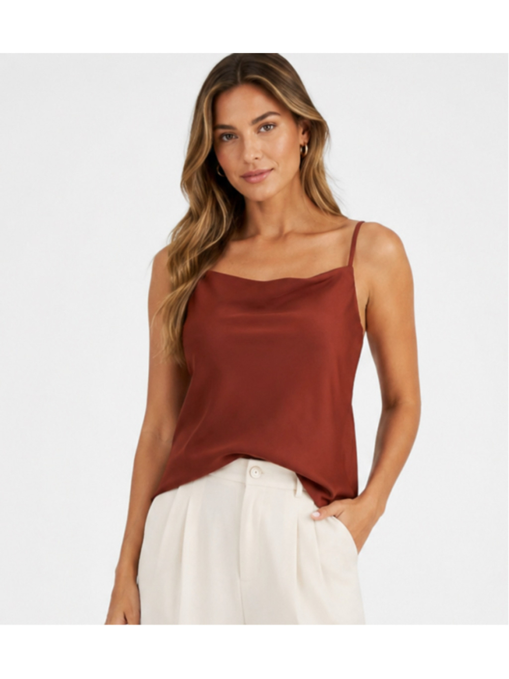 Bar III Size Large Bronze Satin Cowlneck Lined Spaghetti Strap Camisole Top NWT